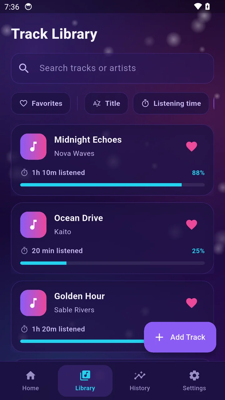 Tune Tracker track library screen